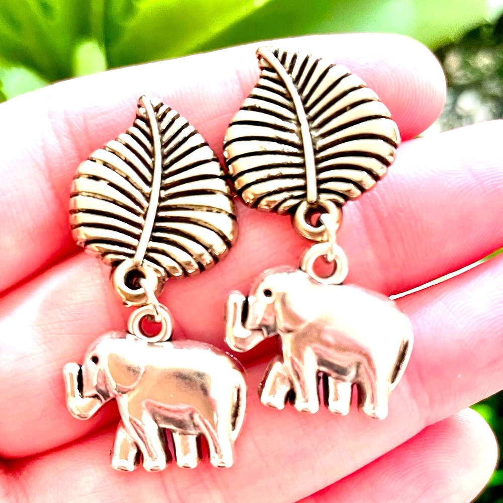 Silver Leaf Elephant Earrings